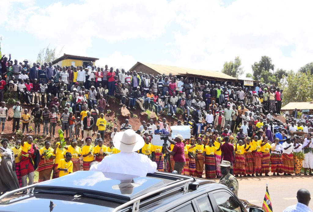 President Museveni at at the home of Mr Nicholas Chelimo a model farmer in Ngeny Village Kapkoros Parish in Bukwo Sebei Sub Region