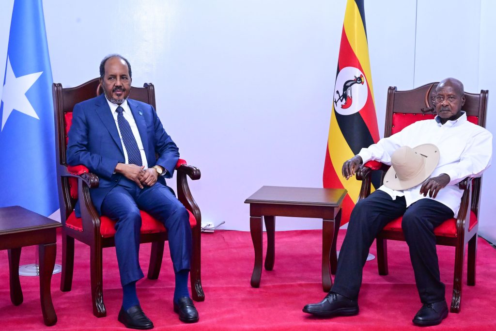 President Museveni meeting President of Somalia Hassan Sheikh Mohamud at the sidelines of the EAC summit in Arusha on Friday. PPU Photo 