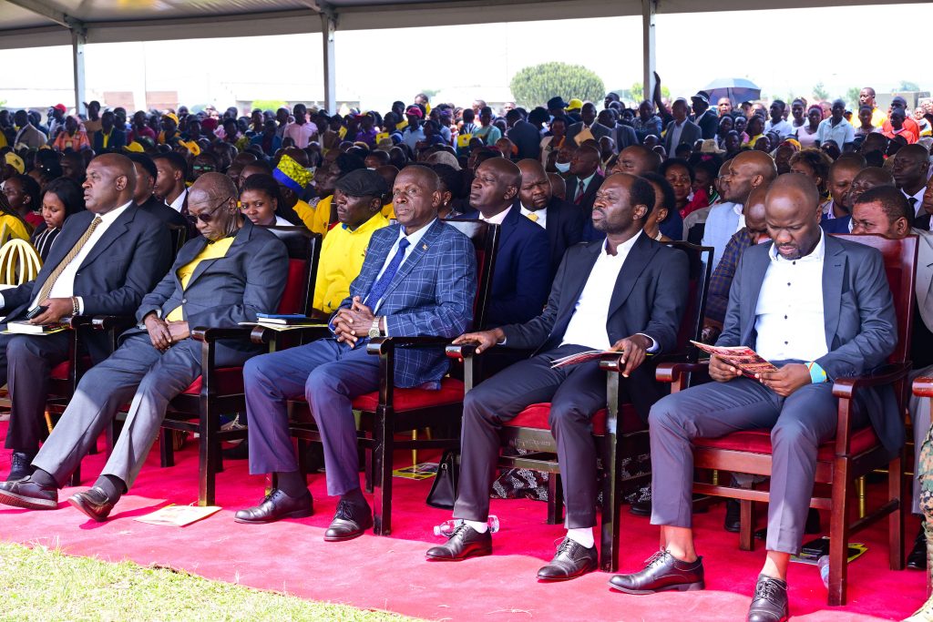 Some of the guests who turned for Gen Wilson Mbadi and Hon Kabbyangas thanksgiving celebrations on Saturday listening to President Musevenis address PPU Photo