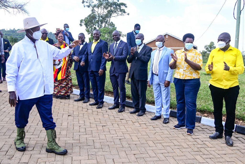 President Museveni waves to some of Bugisu leaders and other technocrats as he arrives for commissioning  of Bugisu Industrial skilling hub in Lukhonge Mbale PPU Photo