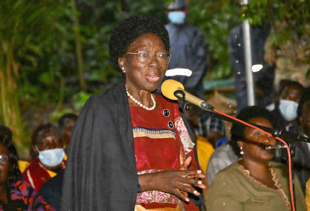 The Deputy Prime Minster Rebbecca Kadaga delivering her speech when President Yoweri Kaguta Museveni visited Kazibwe Michael a PDM model farmer at Kazibwe Family Mixed Farm in Namazala LC 1 Village, Busede Sub-County, Butembe County, Jinja District, this was during the Presidential Zonal Tour for Busoga Sub-region on the 22nd January 2024. Photos by PPU/Tony Rujuta.