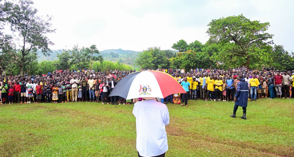 President Museveni addresses some of the residents of Nawampiti in Luuka district on his arrival to visit a PDM beneficiary Eliot Mukasas passion fruit garden on Wednesday PPU Photo