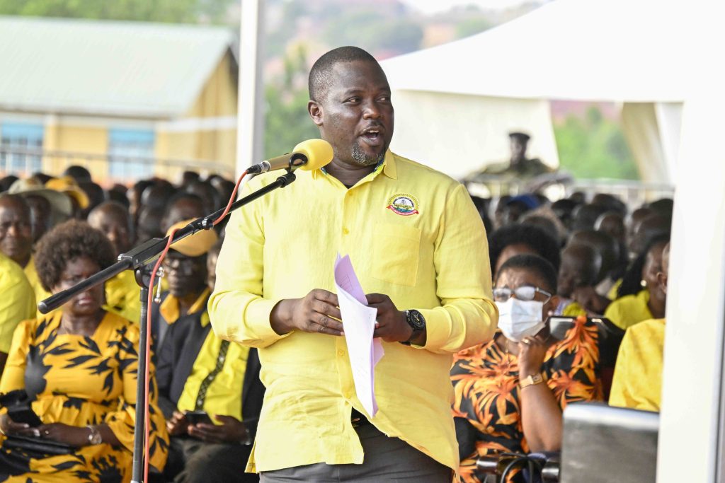 The NRM Secretary General Richard Todwong delivering his speech during the PDM Presidential Zonal Tour for Busoga Sub-region at Muyege district play ground in Igamba cell, Ikurwe ward, Mayuge town council on the 23rd January 2024. Photos by PPU/Tony Rujuta.