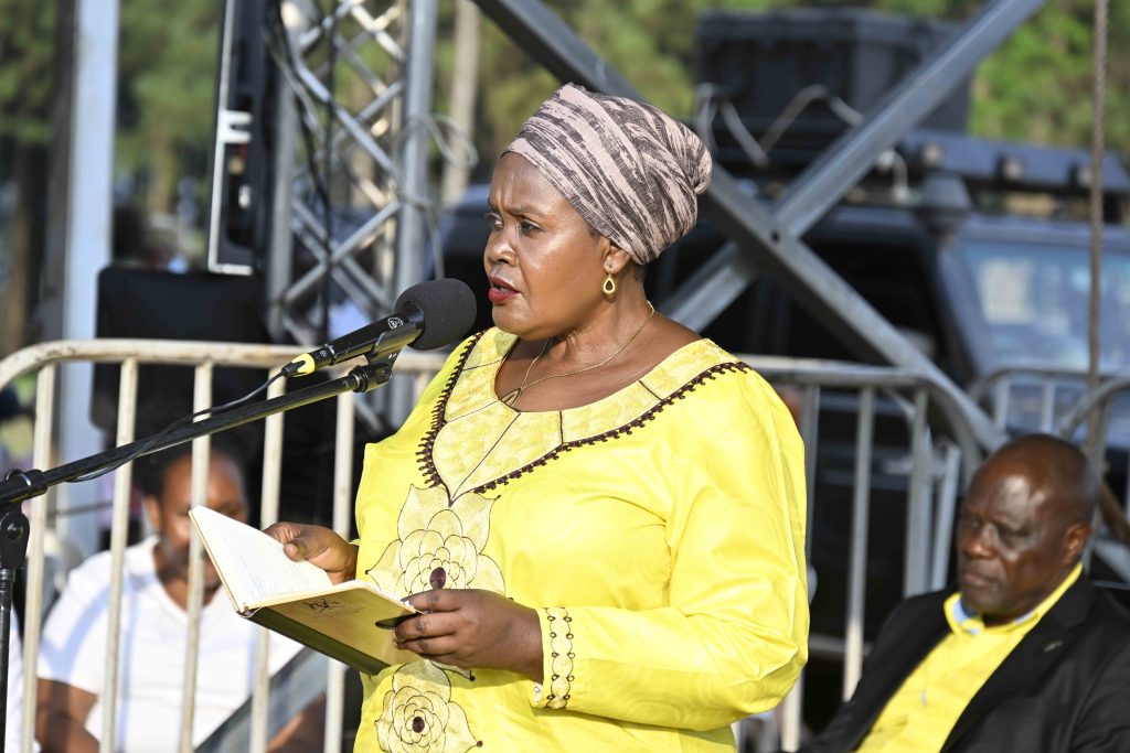 Third Deputy Prime Minister Rukia Nakadama delivering his speech during the PDM Presidential Zonal Tour for Busoga Sub-region at Muyege district play ground in Igamba cell, Ikurwe ward, Mayuge town council on the 23rd January 2024. Photos by PPU/Tony Rujuta.