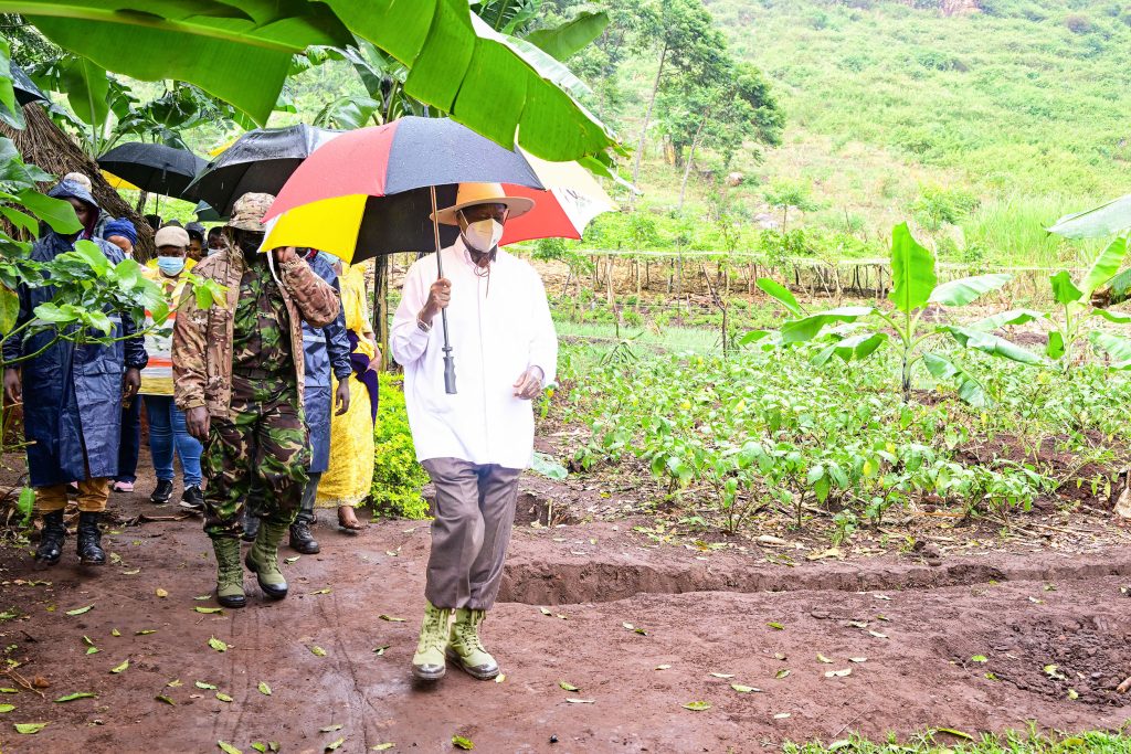 President Museveni touring PDM beneficiary farmer Eliot Mukasa projevts which included a passion fruit garden onions and vegetables in Nawampiti Luuka district on Wednesday PPU Photo