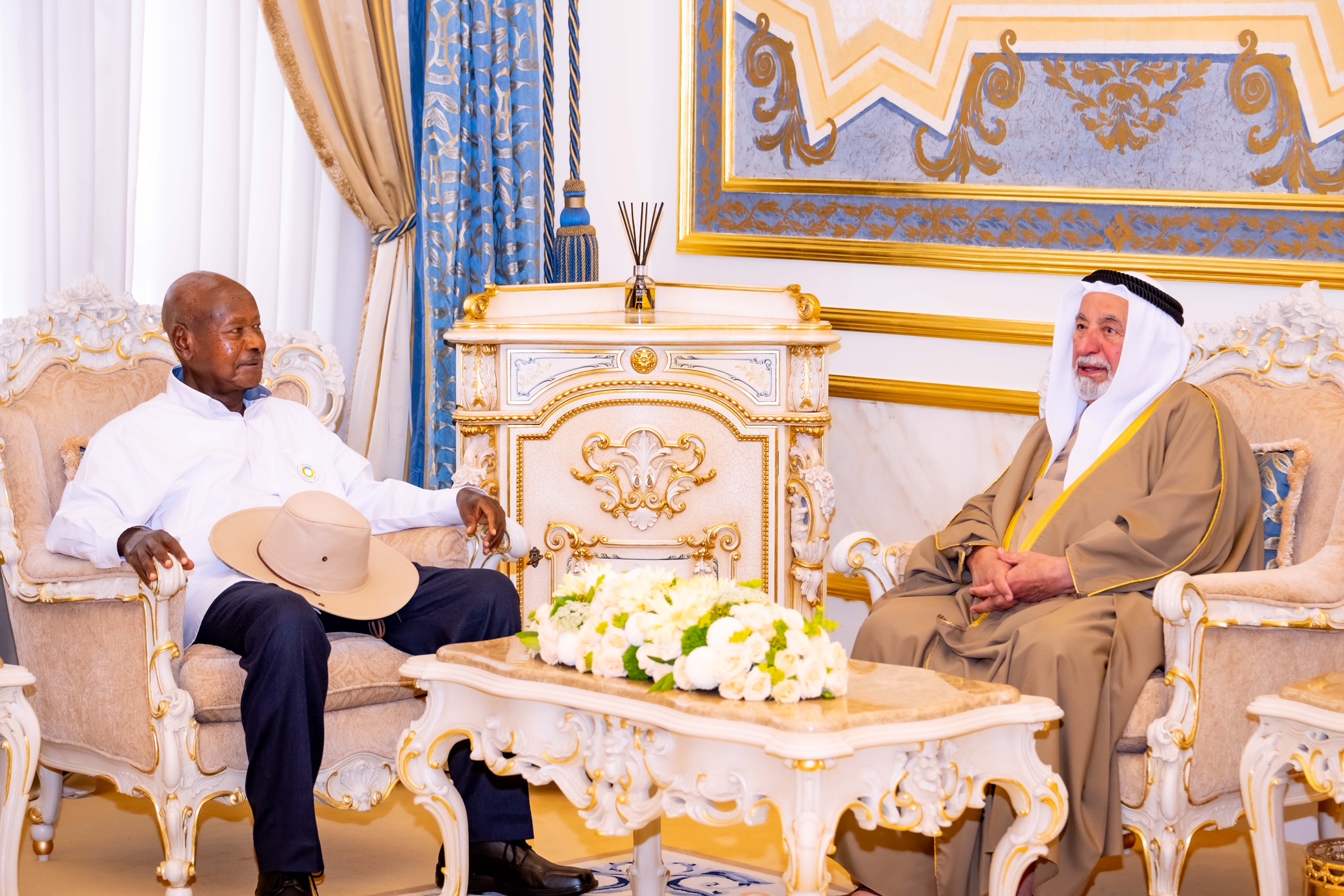 President Museveni visiting His Highness Dr Sultan bin Mohamed Al Qasimi the Supreme Council Member of the UAE and Ruler of Sharjah