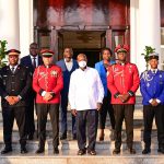 President Museveni poses for a photo with Gabon army officers who have just concluded studies at the Junior Staff College in Jinja. This was after a meeting at Entebbe on Monday