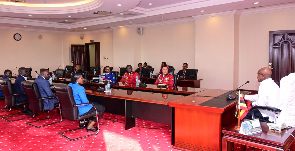 President Museveni talking to Gabon army officers who have just concluded studies at the Junior Staff College in Jinja This was during a meeting at State House Entebbe on Monday PPU Photo