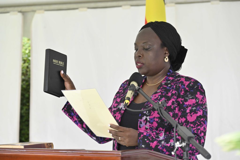 Hon. Lady Justice Joanita Gertrude Bushara, swearing in as a Judge of the High Court at the State House Entebbe on the 4th March 2025. Photo by PPU/ Tony Rujuta.