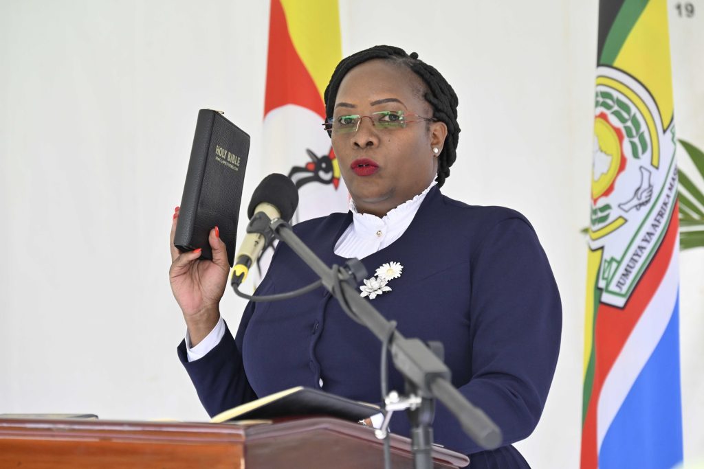 Hon. Lady Justice Dr. Ginamia Melody Ngwatu, swearing in as a Judge of the High Court at the State House Entebbe on the 4th March 2025. Photo by PPU/ Tony Rujuta.