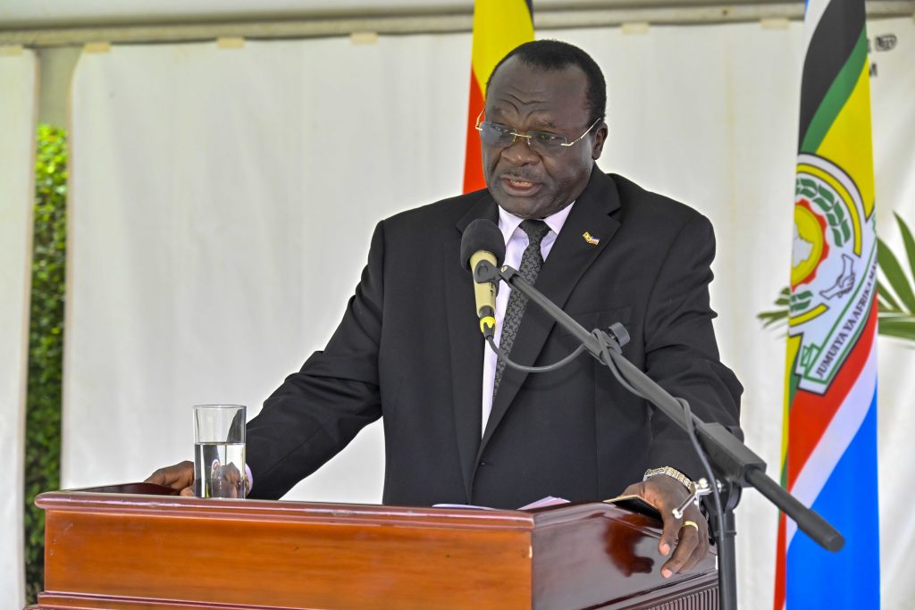 The Chief Justice of Uganda His Lordship, Justice Alfonse Owiny-Dollo delivering his speech during the swearing in of the 21 newly Acting Judges of the High Court at the State House Entebbe on the 4th March 2025. Photo by PPU/ Tony Rujuta.