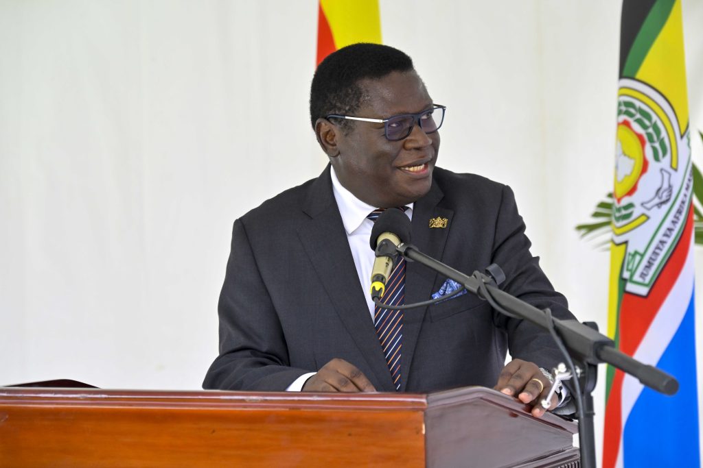 The Minister of Justice and Constitutional Affairs Nobert Mao delivering his speech during the swearing in of the 21 newly Acting Judges of the High Court at the State House Entebbe on the 4th March 2025. Photo by PPU/ Tony Rujuta.