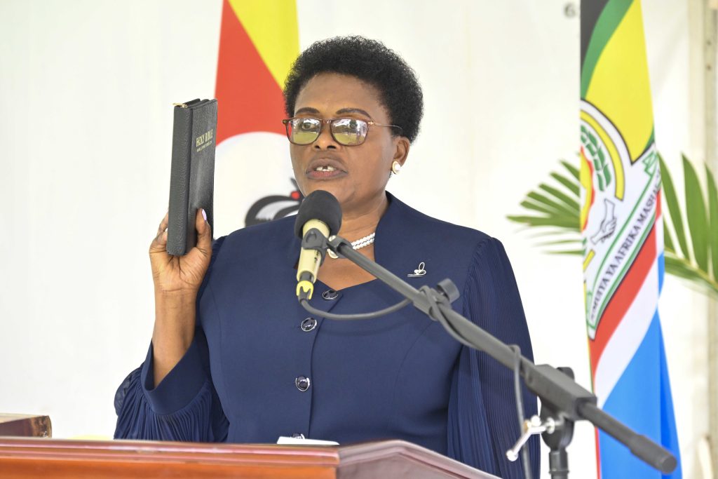 Hon. Lady Justice Mary Babirye, swearing in as a Judge of the High Court at the State House Entebbe on the 4th March 2025. Photo by PPU/ Tony Rujuta.