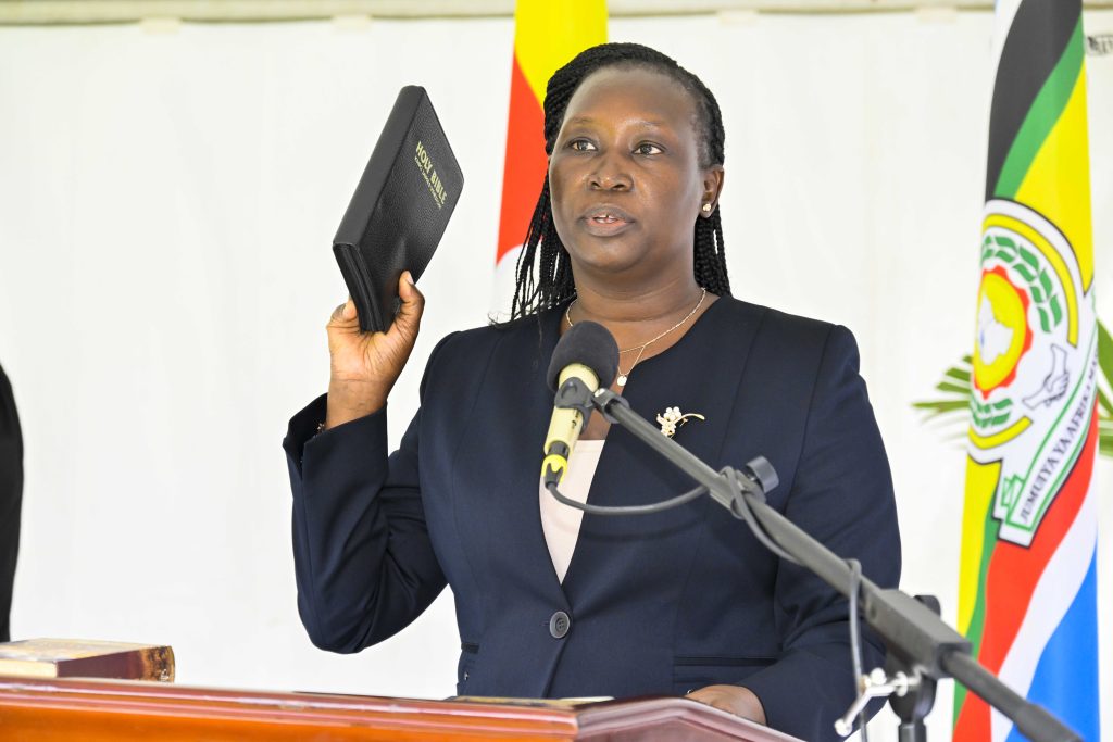 Hon. Lady Justice Lillian Alum Omara, swearing in as a Judge of the High Court at the State House Entebbe on the 4th March 2025. Photo by PPU/ Tony Rujuta.