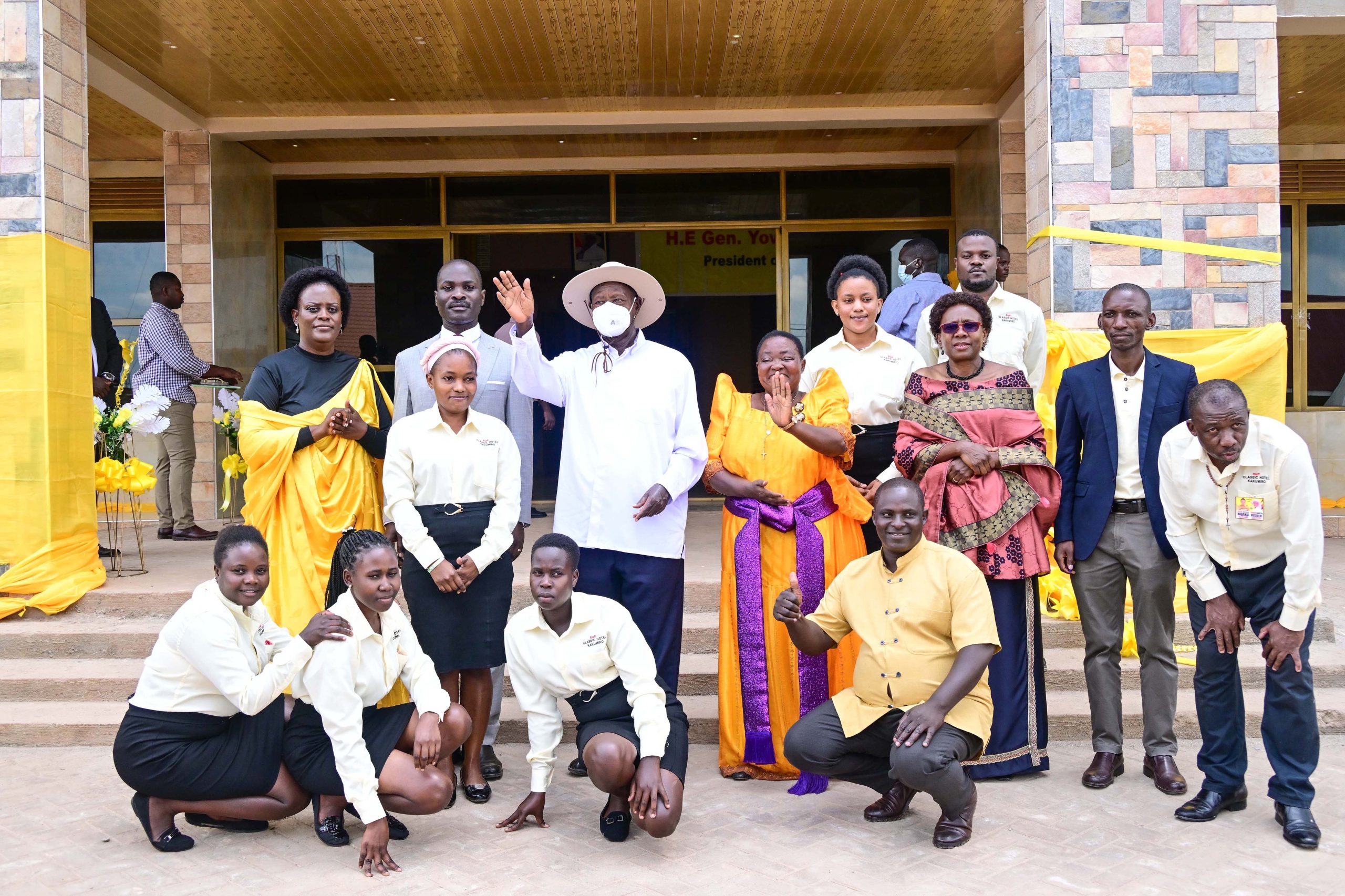 President Museveni poses for a photo with Premier Nabanjja, Hon Aceng, Hon Byabakama and staff of Hotel Classic after commissioning Nabanjja's hotel in Kakumiro town on Saturday 21st June 2025. PPU Photo