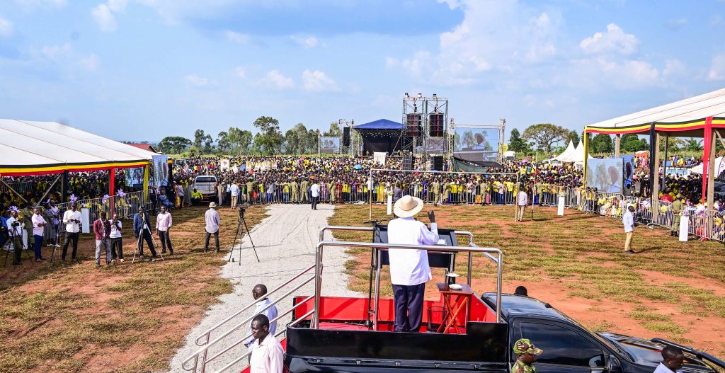 President Museveni addresses a mammoth rally at Mpasaana play grounds in Bugangaizi East County during the thanksgiving ceremony for Prime Minister Robina Nabanjja on Saturday June 21, 2025. PPU Photo