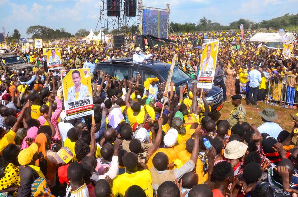 President Museveni waves to the crowds as he arrives at Mpasaana play grounds in Bugangaizi East County to address a rally during the thanksgiving ceremony for Prime Minister Robina Nabanjja on Saturday June 21, 2025