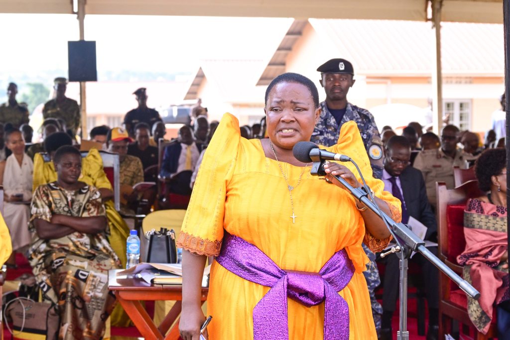 Prime Minister Robina Nabanjja addresses guests at Mpasaana play grounds in Bugangaizi East County during her thanksgiving ceremony on Saturday 21st June 2025. PPU Photo