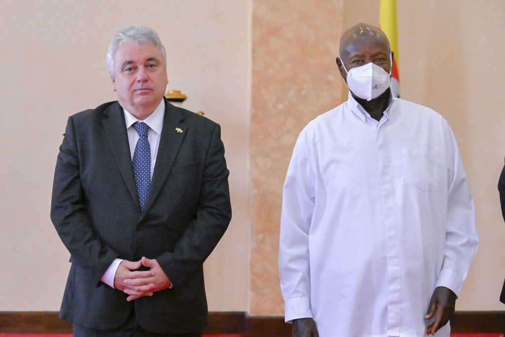 President Yoweri Museveni (right) bids farewell to the outgoing Irish Ambassador to Uganda Kevin Colgan (left) at the state House Entebbe on the 29th July 2025. Photo by PPU/Tony Rujuta.