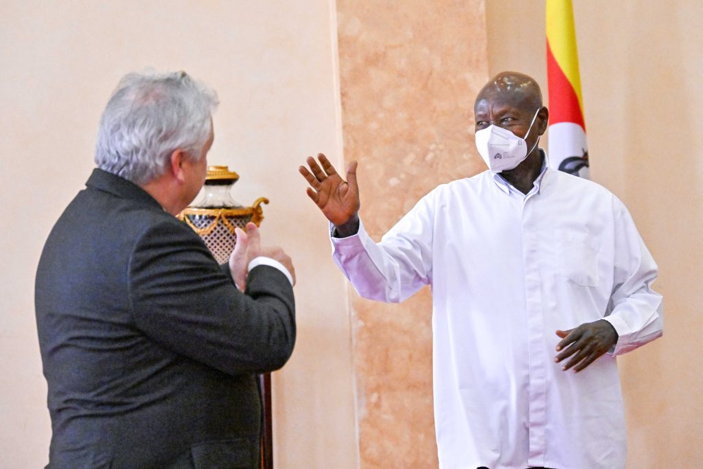 President Yoweri Museveni (right) bids farewell to the outgoing Irish Ambassador to Uganda Kevin Colgan (left) at the state House Entebbe on the 29th July 2025. Photo by PPU/Tony Rujuta.