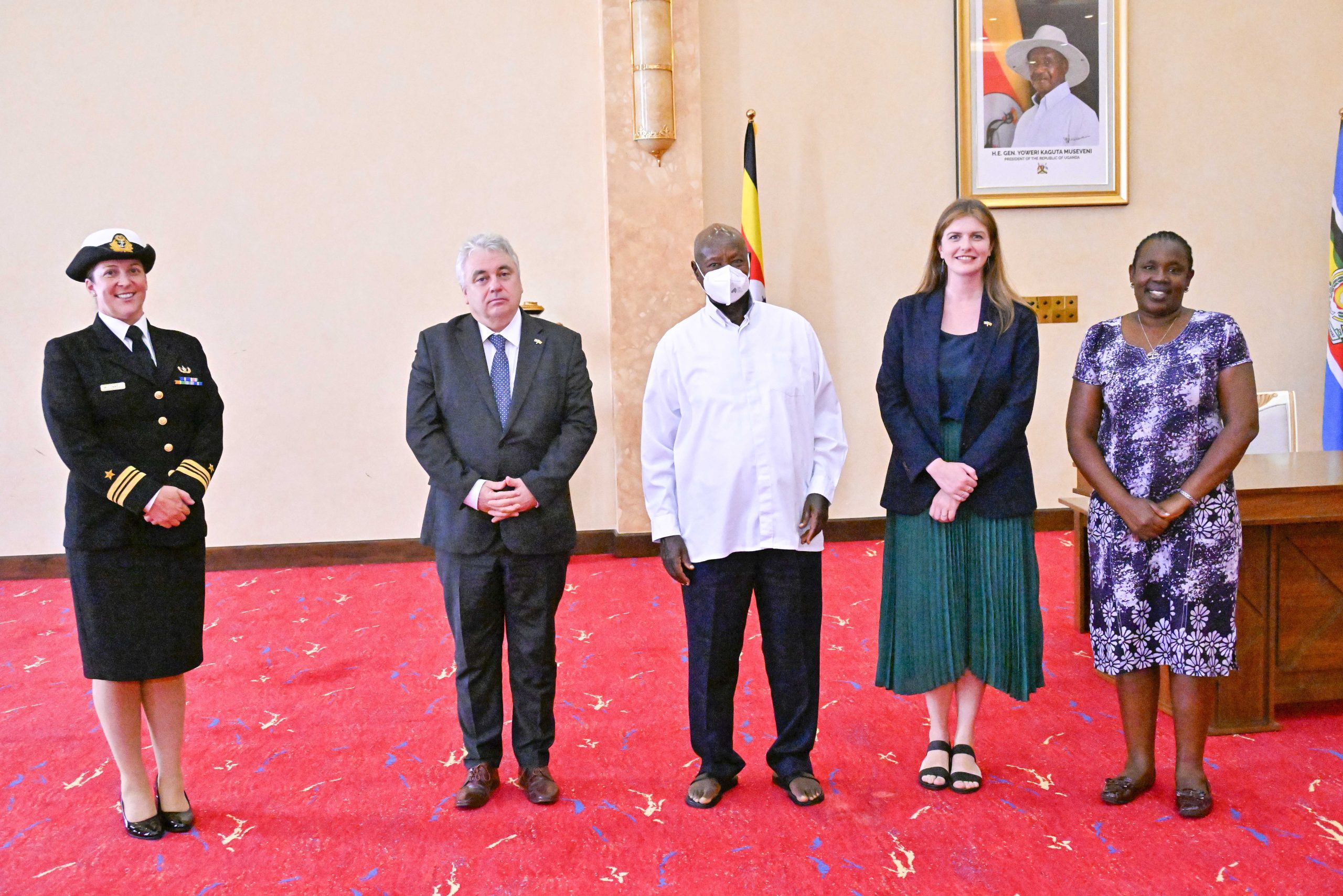(Left- right) ⁠Lieutenant Commander Clodagh McConnell, the outgoing Irish Ambassador to Uganda Kevin Colgan, President Yoweri Kaguta Museveni, Irish Embassy Development Specialist Officer Ms. Lynn Waller and Personal Assistant to Irish Ambassador to Uganda Ms. Justine Katebarirwe Niyonzima in a group after the outgoing Irish Ambassador bid farewell to the President at the state House Entebbe on the 29th July 2025. Photo by PPU/Tony Rujuta.