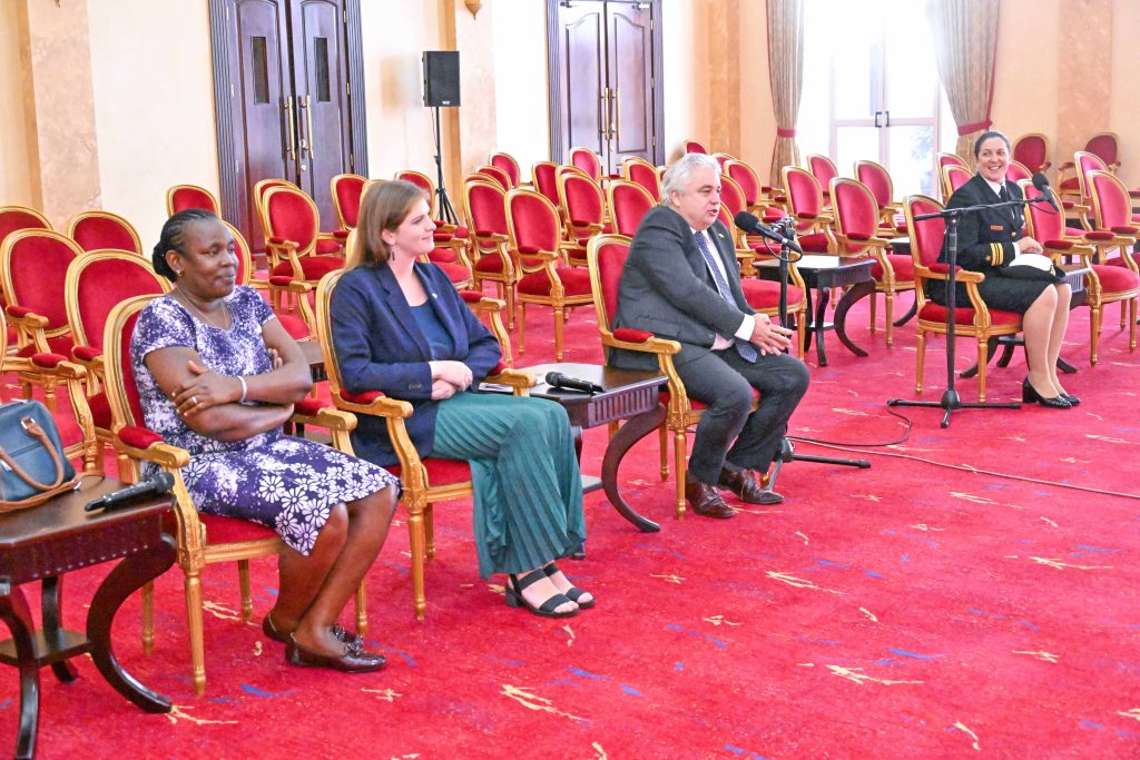 (Left- right) The Personal Assistant to Irish Ambassador to Uganda Ms. Justine Katebarirwe Niyonzima, Irish Embassy Development Specialist Officer Ms. Lynn Waller, the outgoing Irish Ambassador to Uganda Kevin Colgan and Lieutenant Commander Clodagh McConnell while meeting President Yoweri Kaguta Museveni this was when the outgoing Irish Ambassador bid farewell to the President at the state House Entebbe on the 29th July 2025. Photo by PPU/Tony Rujuta.