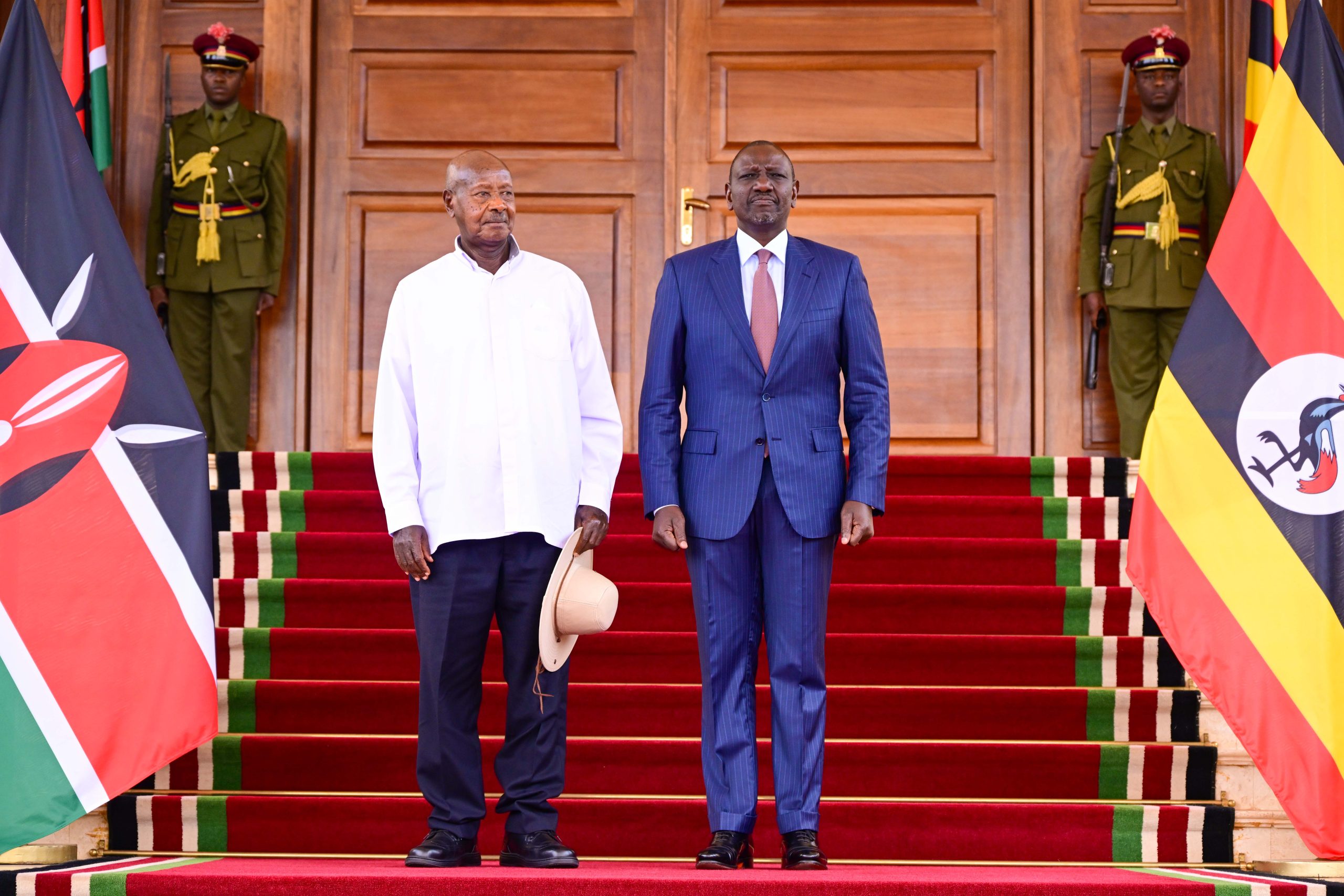 President Museveni poses for a photo with President William Ruto of Kenya on his arrival at State House Kenya on 30-July-2025 on a two day official visit. PPU Photo