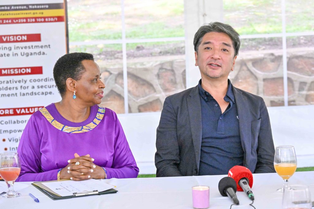 State House Investors Protection Unit (SHIPU) head Col. Edith Nakalema (left) listening to Yoshino Trading Ltd CEO Shamsake Nakamishi (right) during a meeting at SHIPU officers in Kampala on the 30th July 2025. Photos by PPU/Tony Rujuta.