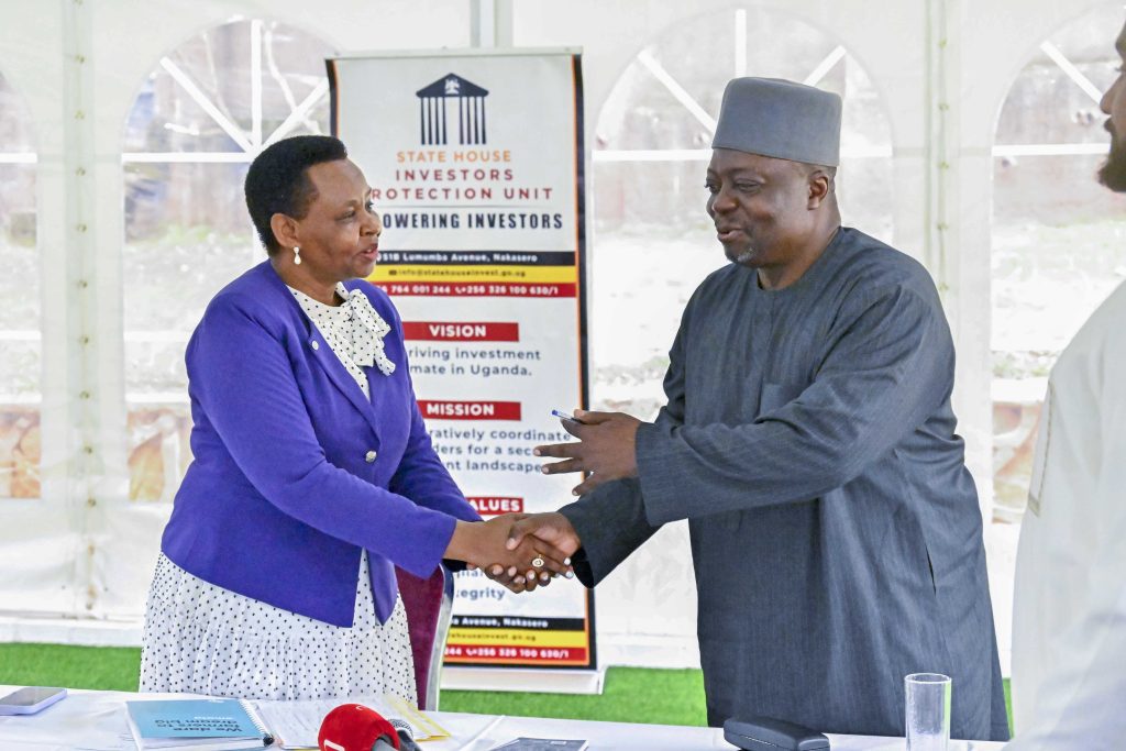 The State House Investors Protection Unit (SHIPU) Head Col. Edith Nakalema being thanked by the Nigerian High Commissioner to Uganda H.E. John Shama Shaga for the fruitful meeting at the SHIPU headquarters in Kampala on the 4th August 2025. Photos by PPU/Tony Rujuta.