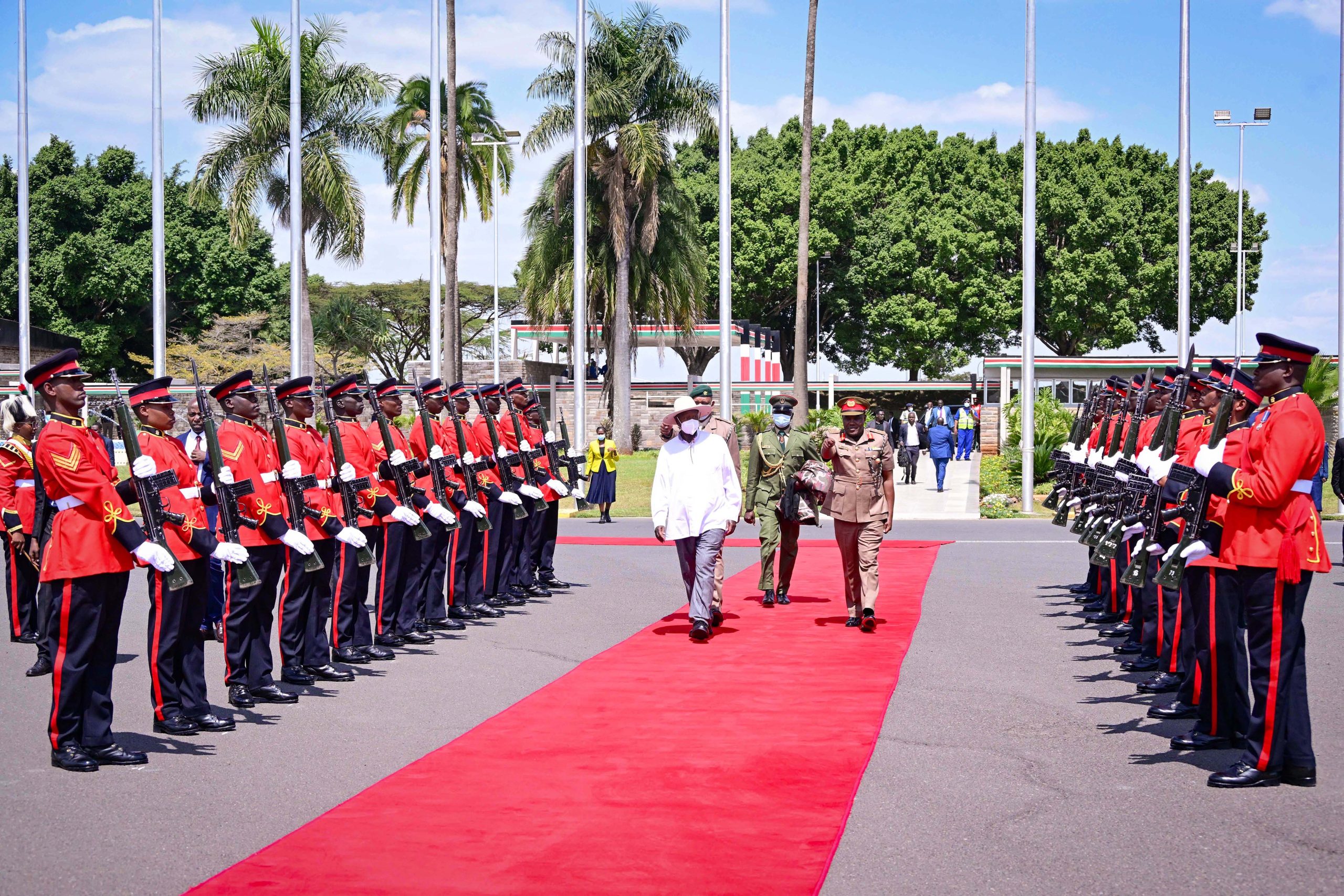 President Museveni walks through a guard of honour at Jomo Kenyatta airport as he left Kenya for Uganda on 29-Jul-2025. PPU Photo
