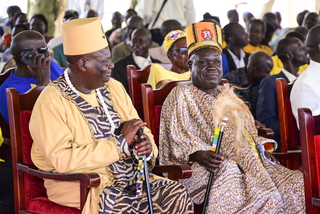 Teso Cultural leaders listening to President Museveni's address during the cattle compesation meeting at Soroti University grounds on Friday. PPU Photo