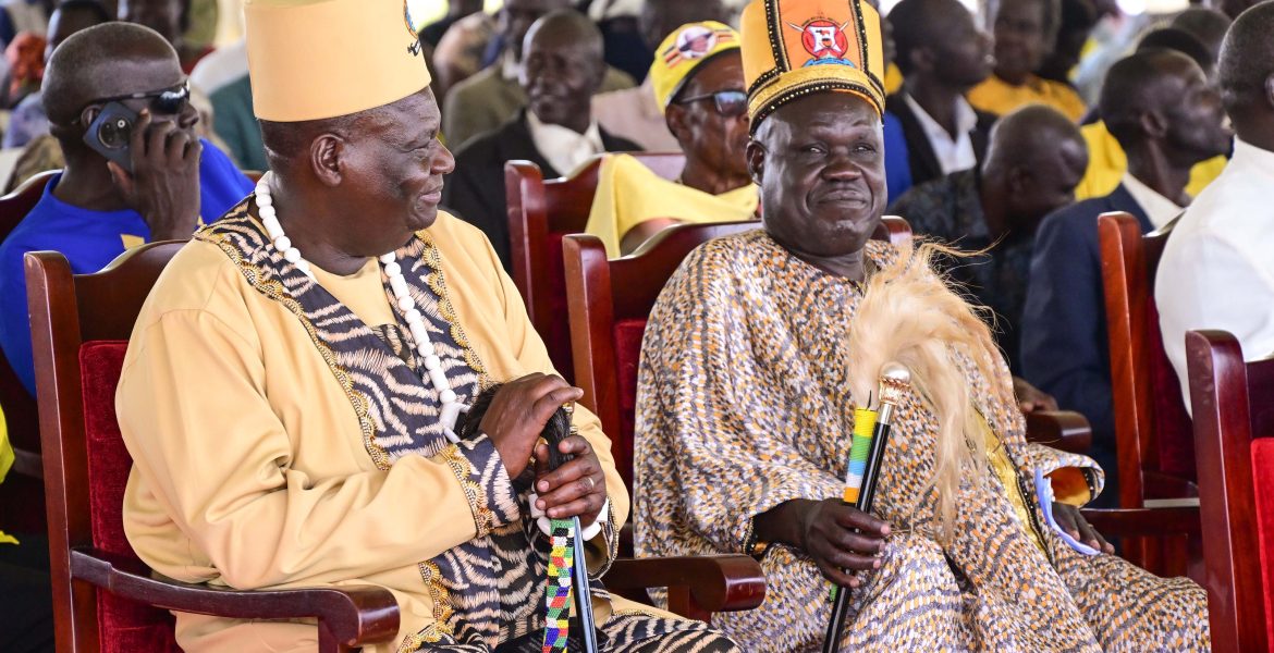 Teso Cultural leaders listening to President Museveni's address during the cattle compesation meeting at Soroti University grounds on Friday. PPU Photo