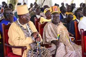 Teso Cultural leaders listening to President Museveni's address during the cattle compesation meeting at Soroti University grounds on Friday. PPU Photo
