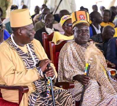 Teso Cultural leaders listening to President Museveni's address during the cattle compesation meeting at Soroti University grounds on Friday. PPU Photo
