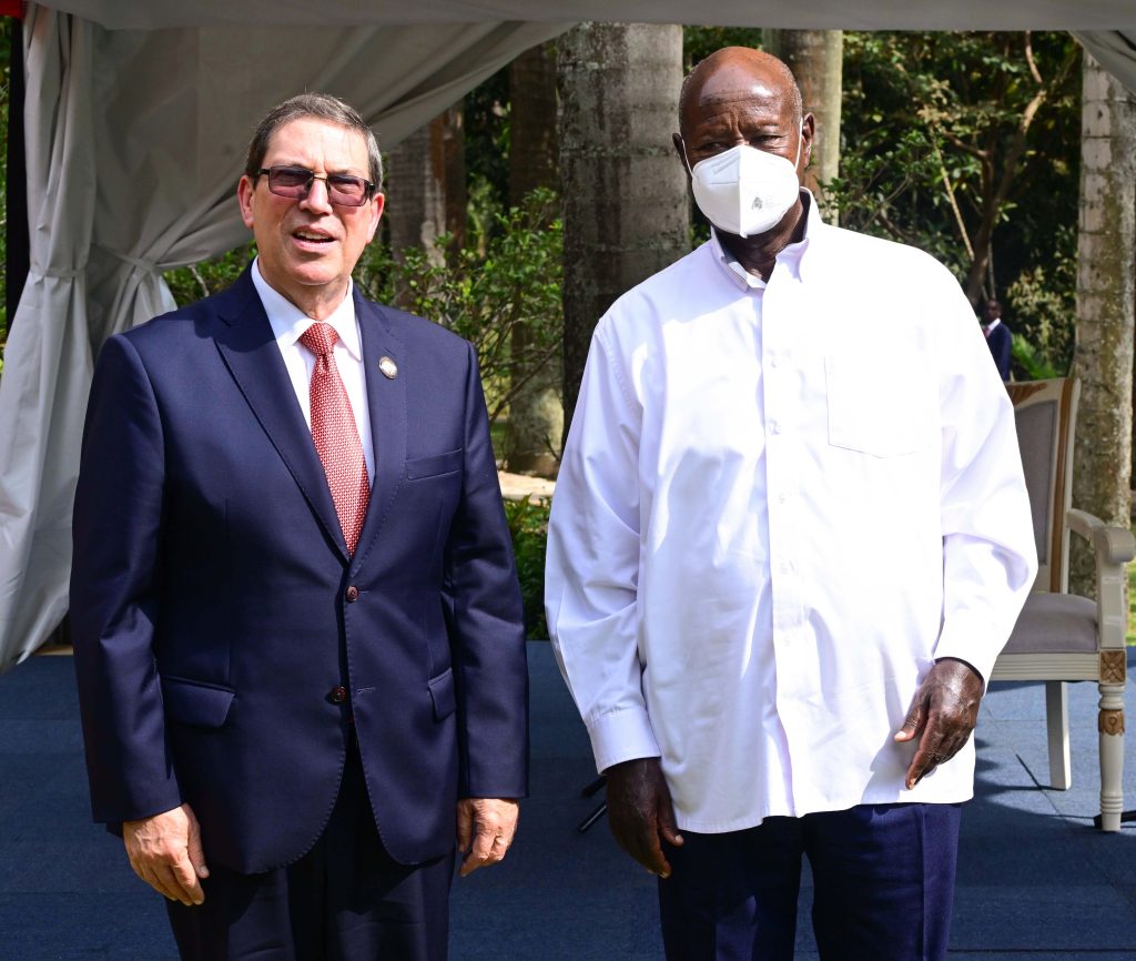 Cuba's Foreign Affairs Minister Bruno Rodriguez poses for a photo with President Museveni on the sidelines of the NAM Ministerial meeting at Speke Resort Munyonyo on Wednesday 15-Oct-2025. PPU Photo
