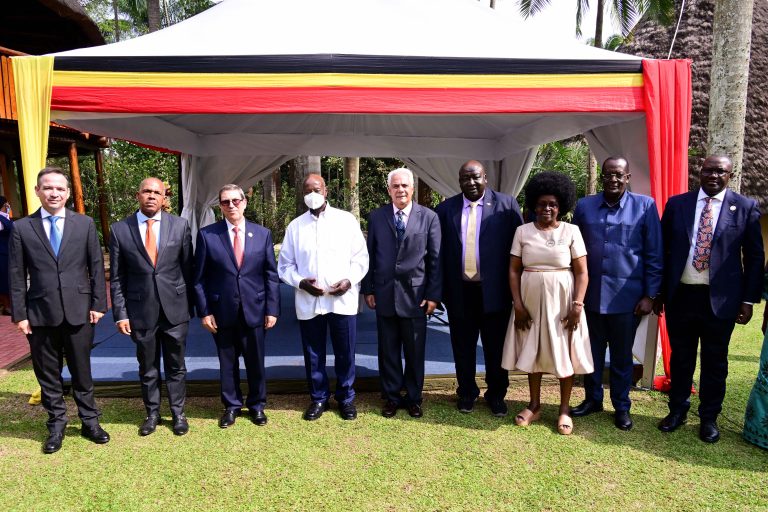 Cuba's Foreign Affairs Minister Bruno Rodriguez poses for a photo with President Museveni on the sidelines of the NAM Ministerial meeting at Speke Resort Munyonyo on Wednesday 15-Oct-2025. PPU Photo
