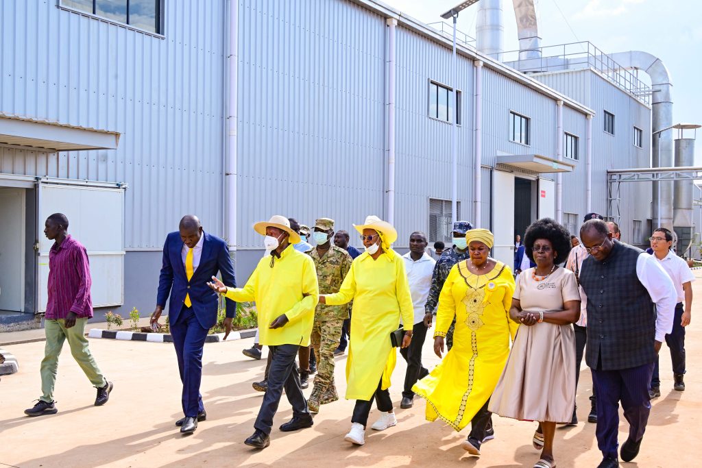 Dr. Mathias Magoola (L), founder of Dei BioPharma taking President Museveni and First Lady Janet on a guided tour of the starch manufacturing plant at Namasagali - 20-Nov-2025