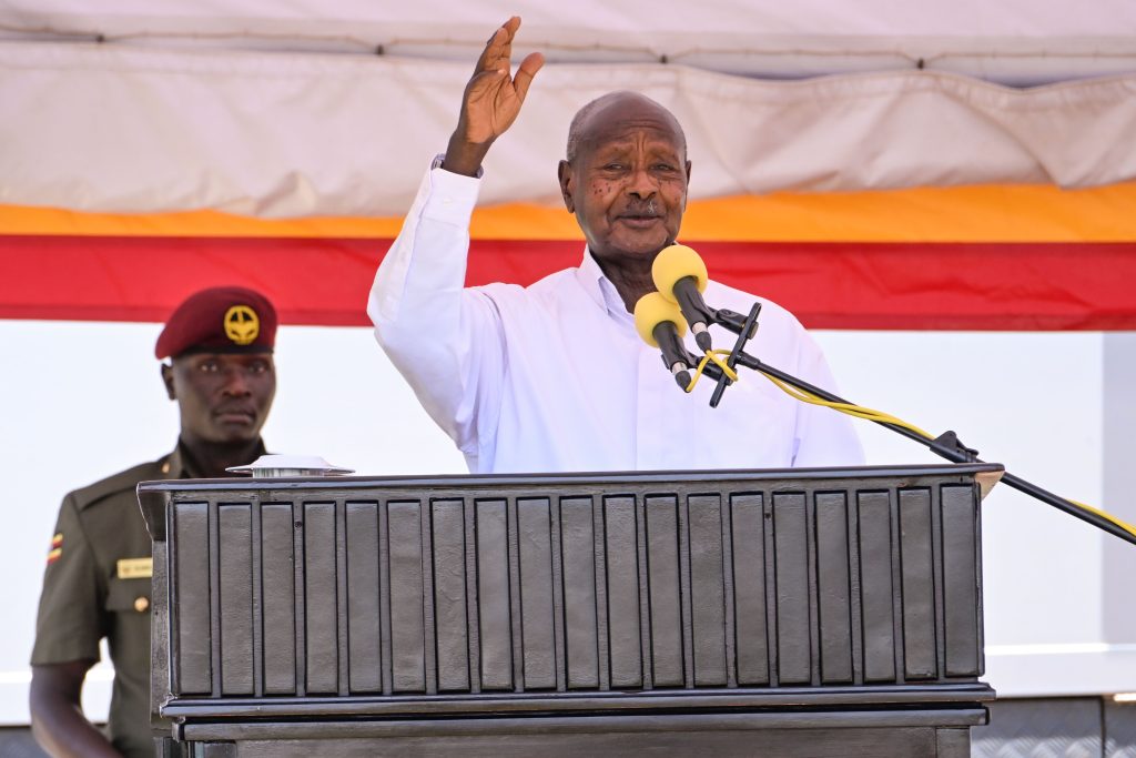 President Museveni addressing pilgrims during Archbishop Janani Luwumu Day in Mucwuni KItgum on Monday. PPU Photo