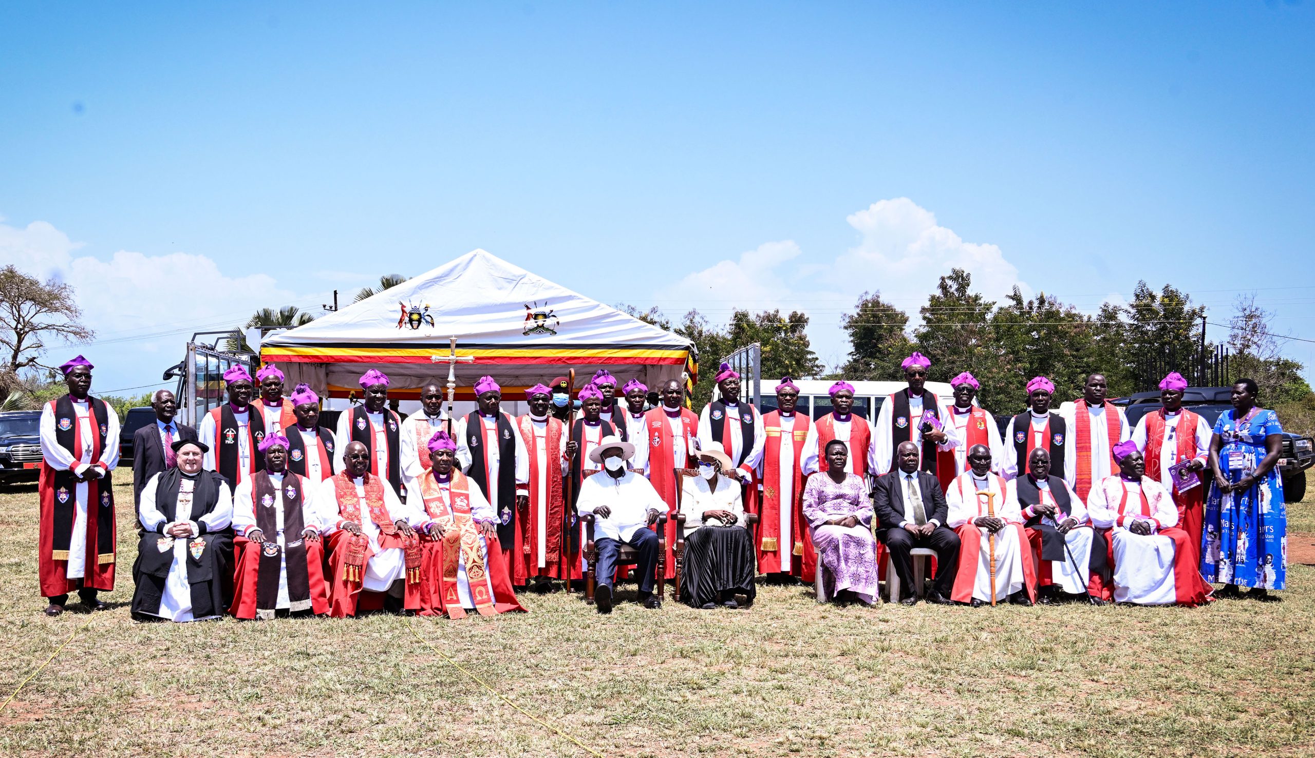 President Museveni Honors Archbishop Janani Luwum’s Martyrdom, Urges Leaders To Persuade Not Intimidate People President Museveni and First Lady Janet Museveni pose for a photo with Anglican Bishops during Archbishop Janani Luwumu Day in Mucwuni, Kitgum on Monday. PPU Photo
