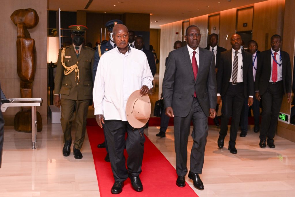 President Museveni (L) and his Kenyan counterpart William Ruto arriving at JW Mariot Hotel in Nairobi, Kenya to attend the Africa We Build Summit 2026 on 23-Apr-2026. PPU Photo