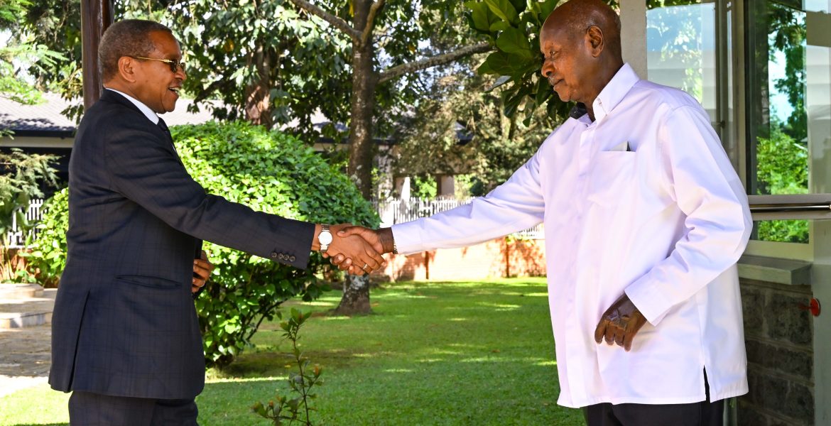 President Museveni welcomes former Tanzania President Jakaya Kikwete at State House Nakasero on 07-Apr-2026 where the two leaders held a meeting. PPU Photo