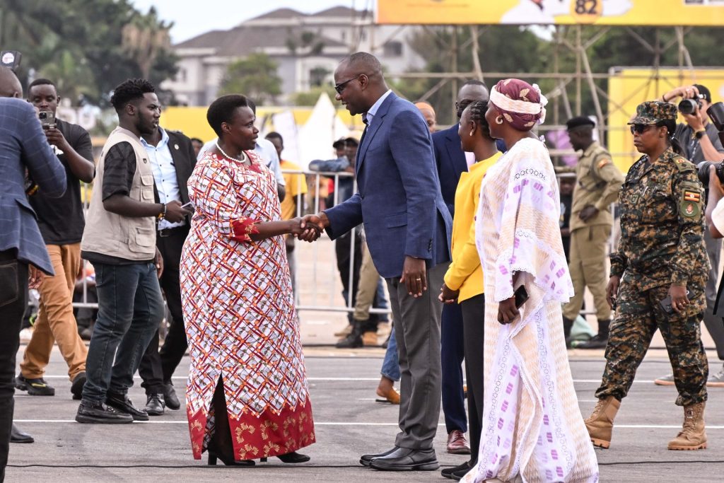 Finance Minister Henry Musasizi receiving Vice President Jesca Alupo at Kololo to celebrate President Museveni's 82nd birthday celebartions organised by the GenZ on 19-Sep-2026